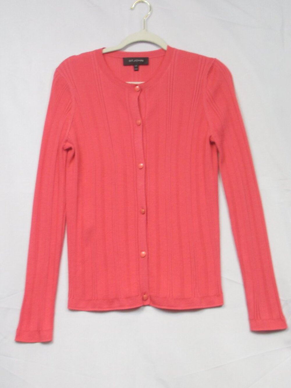 St. John Coral Pink Ribbed Wool Silk Cardigan Sweater Womens Size M